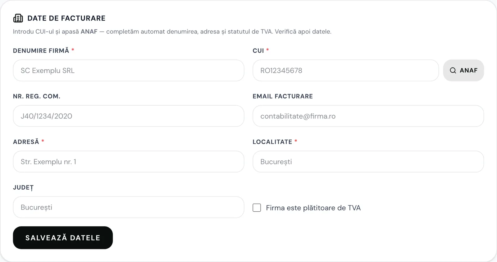 Datele de facturare cu completare automată de la ANAF