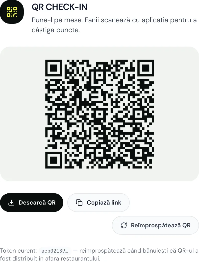 Cardul QR Check-in: descarcă, copiază link, reîmprospătează