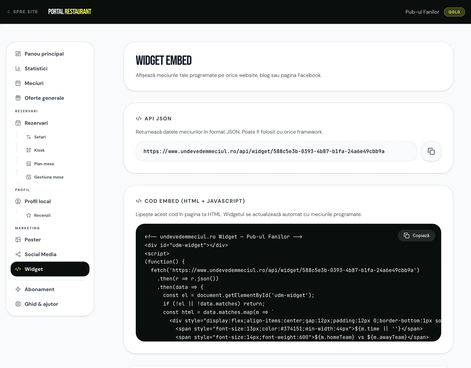 Widget-ul embed și codul de instalare