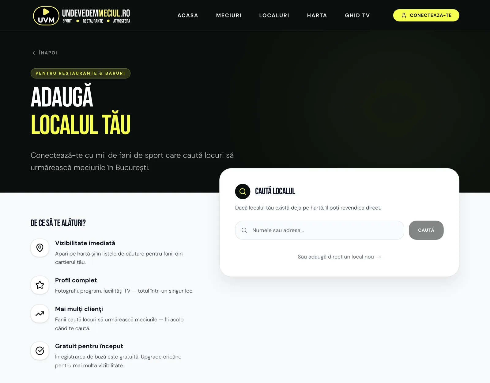 Pagina „Adaugă localul tău”: căutare și formular