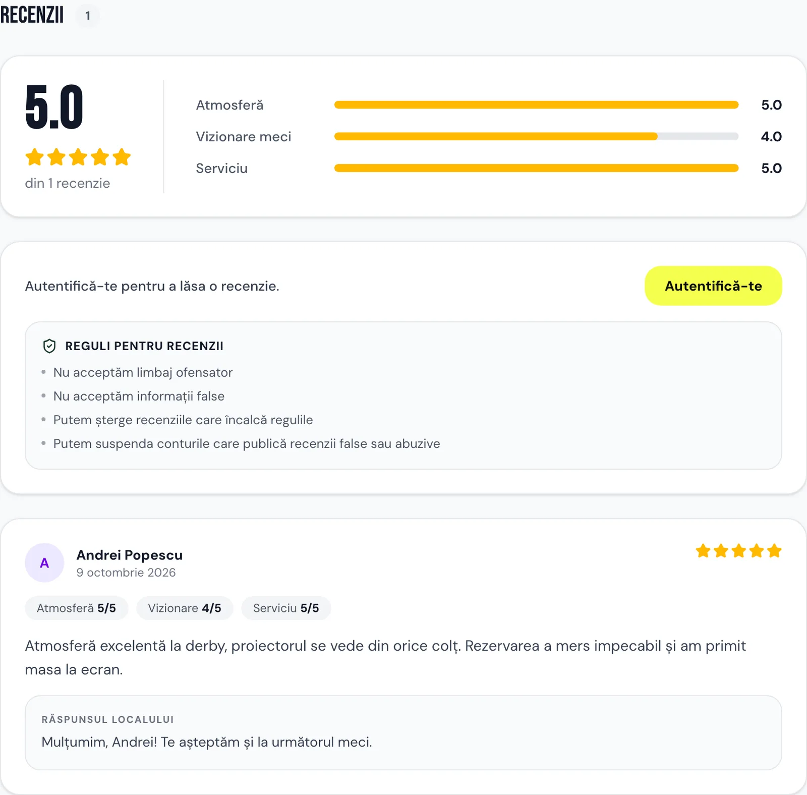 Secțiunea de recenzii a unui local