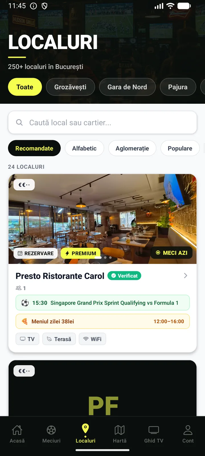 Tab-ul Localuri din aplicație: cartiere, căutare, sortare și carduri