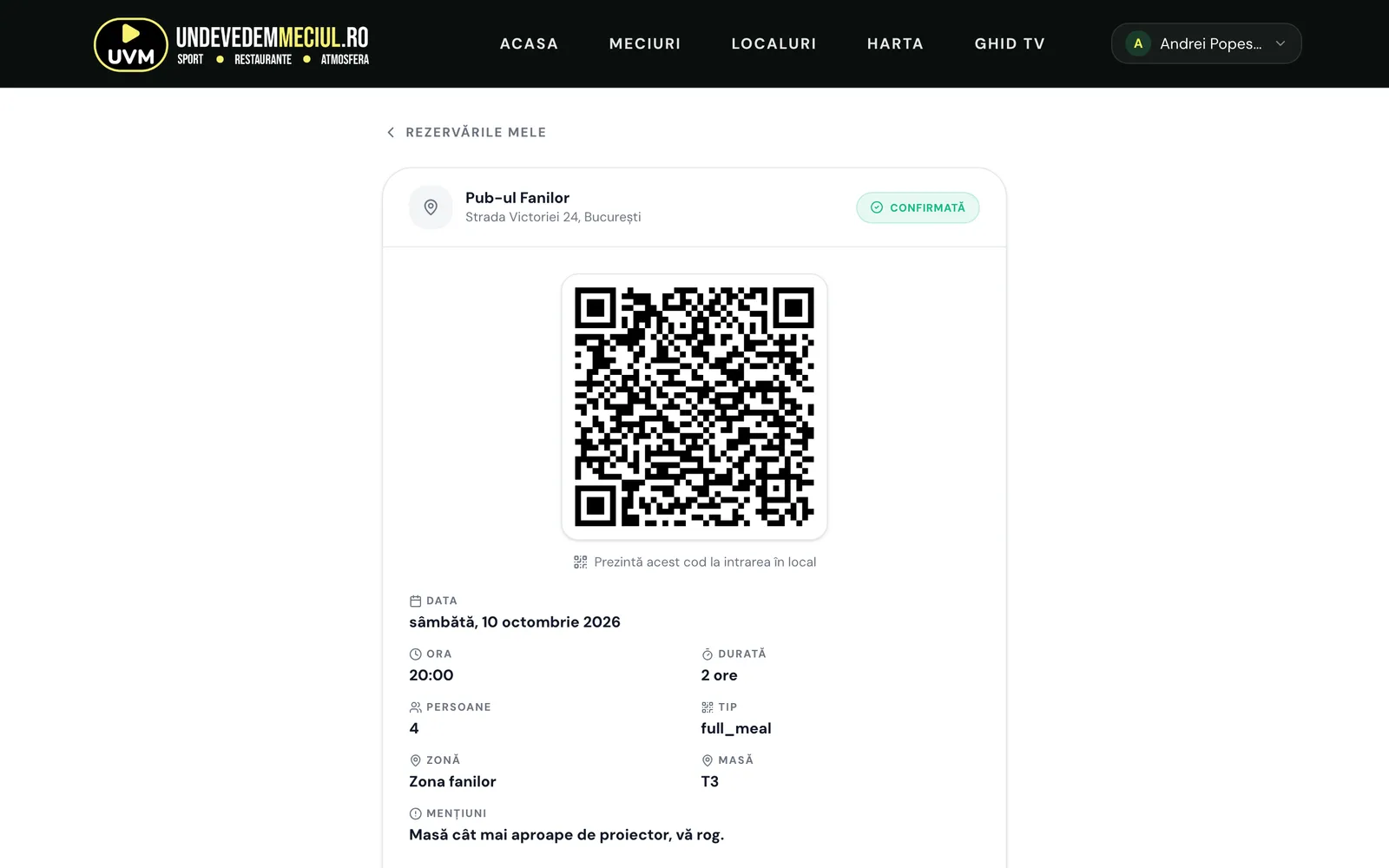 Codul QR al unei rezervări confirmate