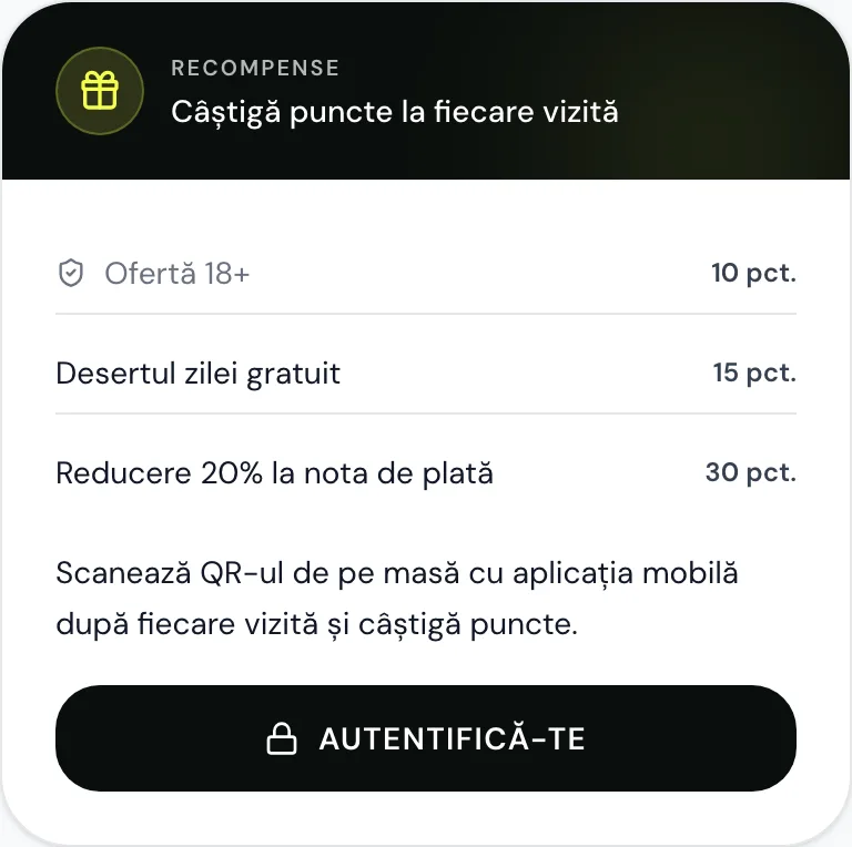 Cardul de recompense și check-in de pe pagina localului