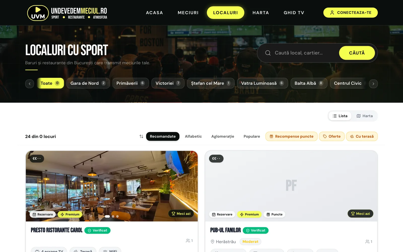 Lista localurilor cu sport, cu cartiere, filtre și sortare
