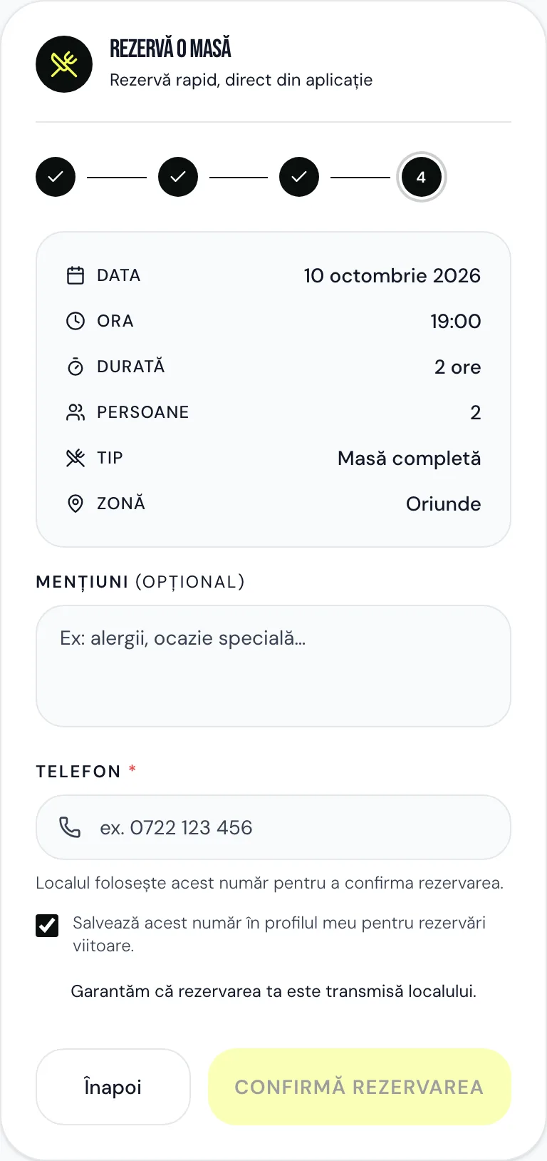 Rezervare, pasul 4: rezumat, mențiuni și telefon