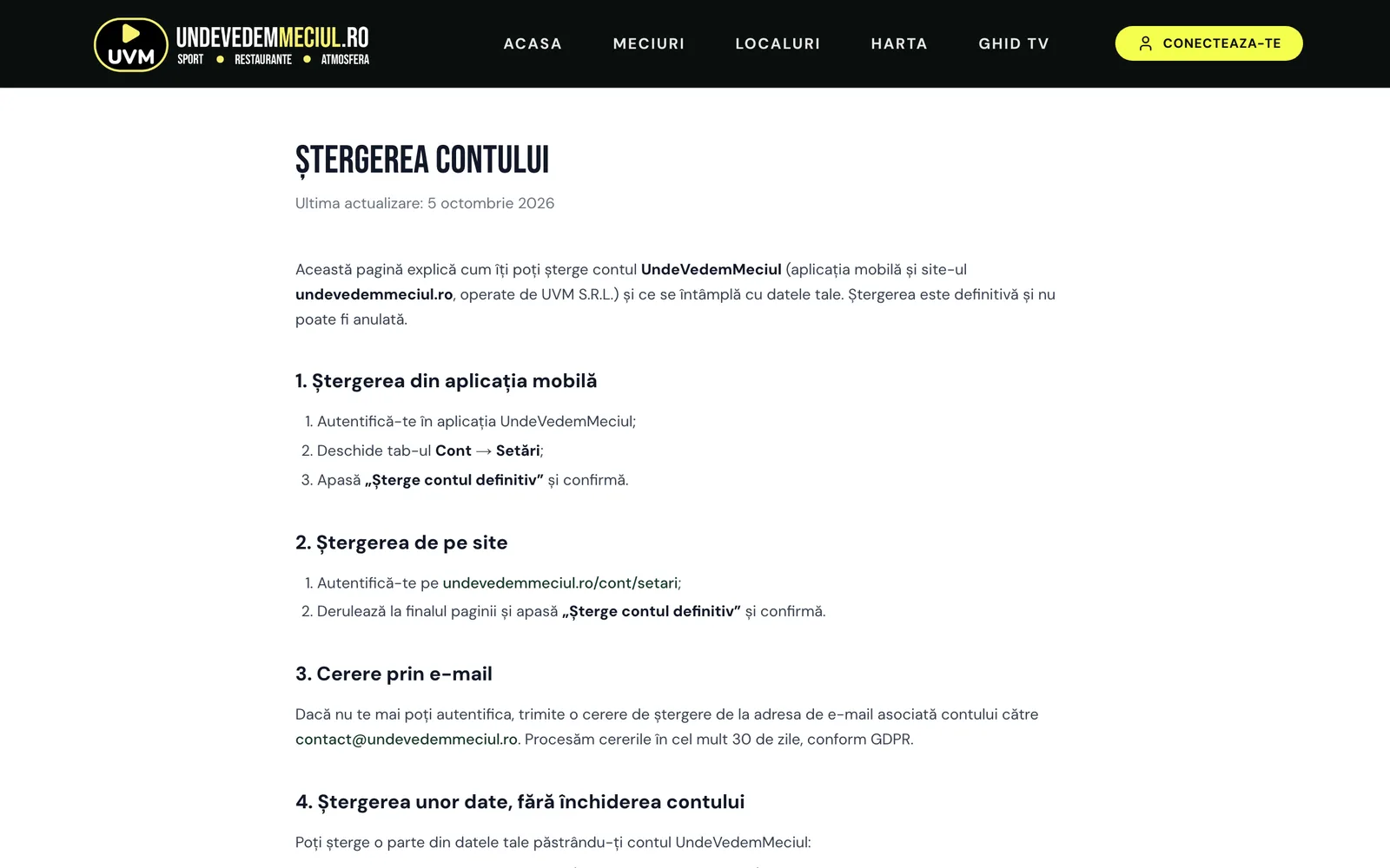Pagina care explică ștergerea contului