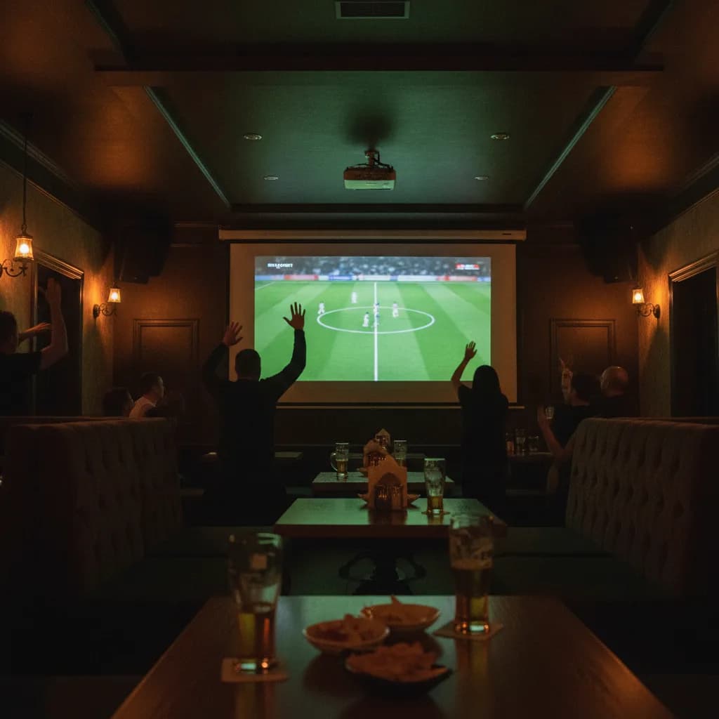 Un ecran mare într-un bar sportiv, arătând siglele echipelor Stuttgart și Atlético Madrid înainte de meci.
