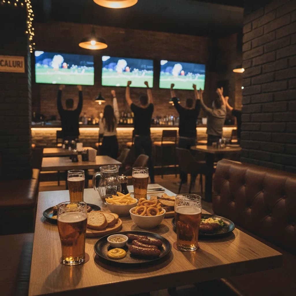Interiorul unui restaurant modern, cu ecrane TV mari pe fundal și mese aranjate într-o atmosferă primitoare.