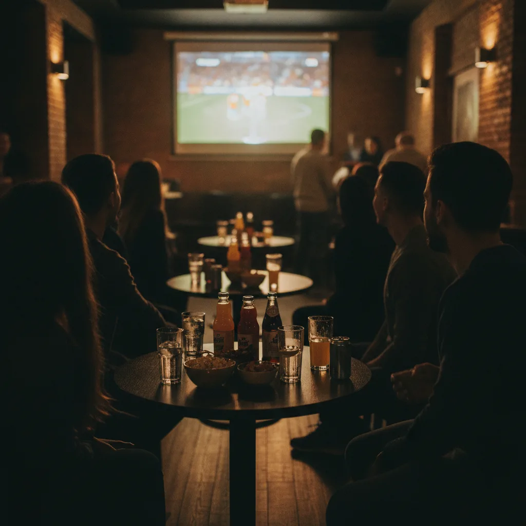 Fani de fotbal urmăresc un meci într-un bar, cu băuturi răcoritoare și gustări pe masă.
