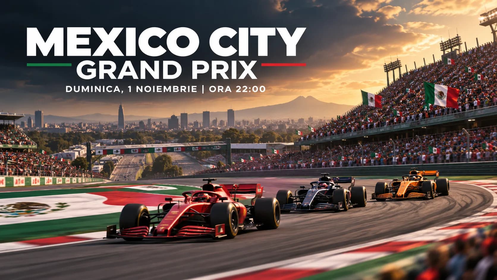 Un monopost de Formula 1 pe circuitul din Mexico City, cu tribunele pline de spectatori entuziaști.