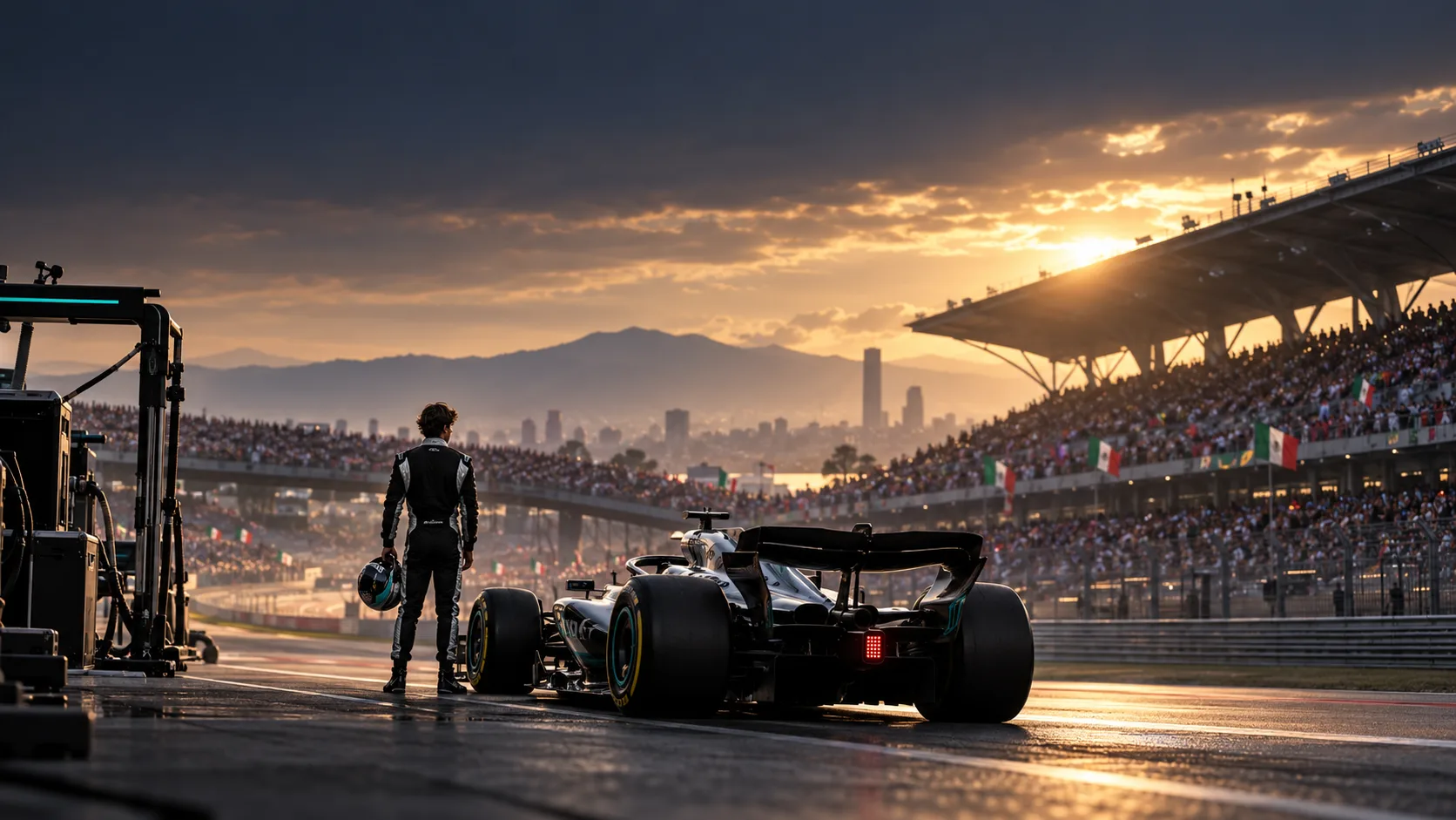 O masina de Formula 1 se indreapta spre un viraj pe un circuit, cu publicul in fundal.