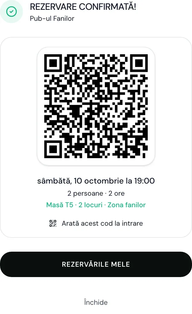 Rezervare confirmată, cu codul QR