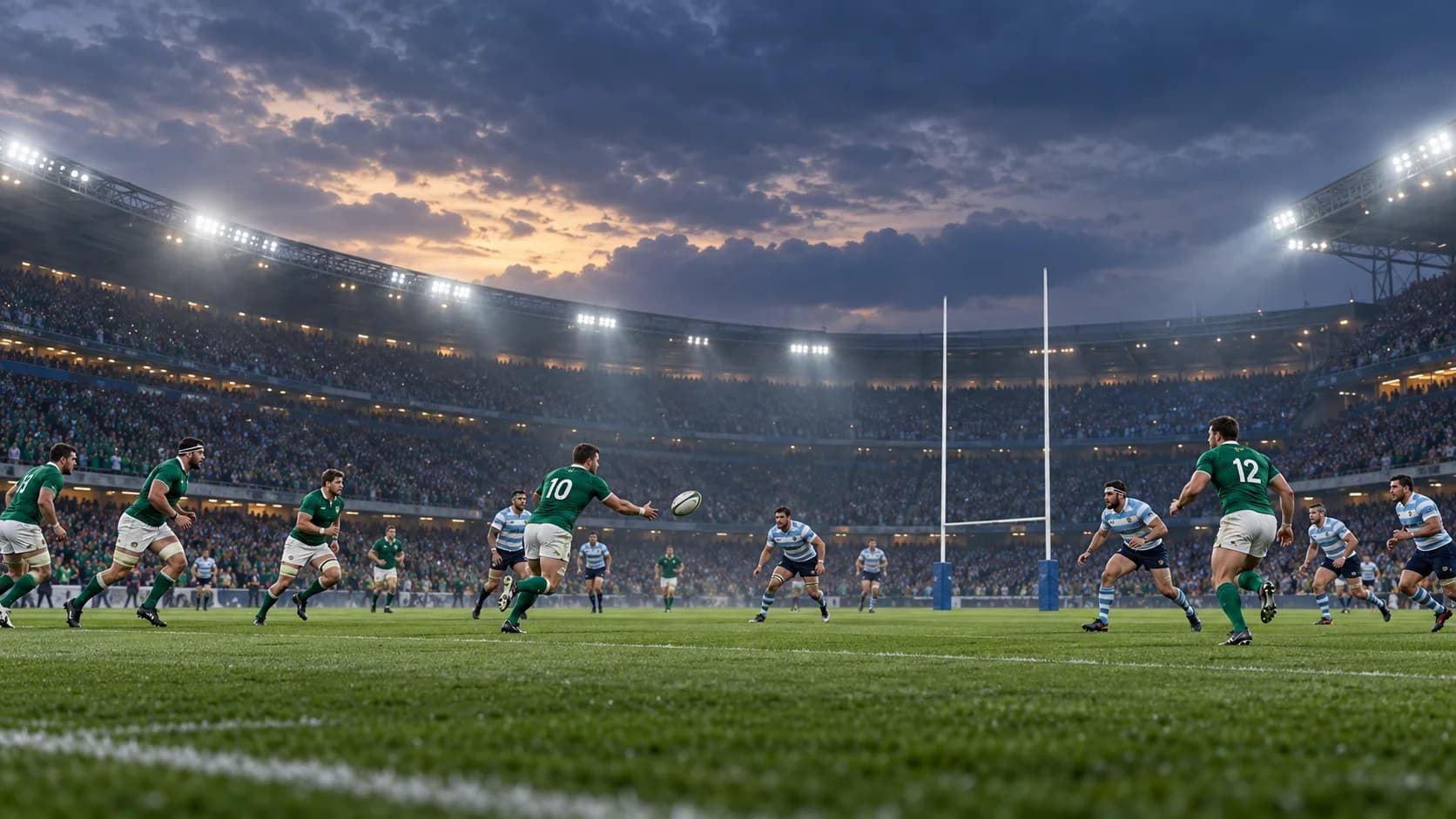 Un grup de suporteri entuziaști urmăresc un meci de rugby într-un bar sportiv, cu ecrane mari în fundal.