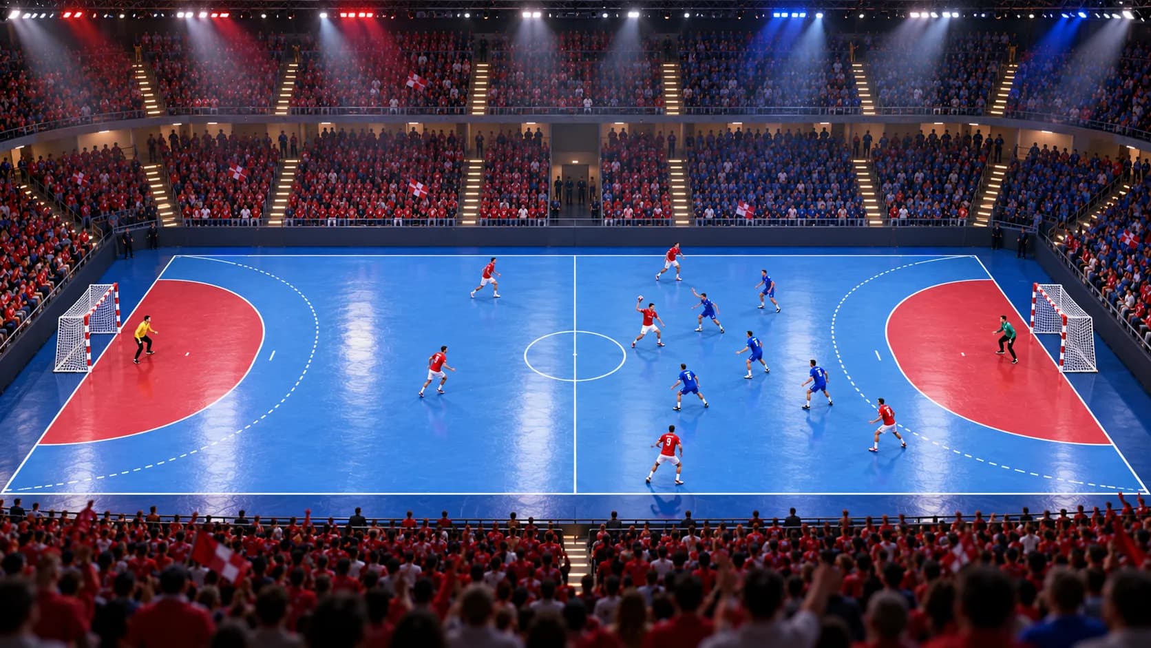 Suporteri entuziaști urmăresc un meci de handbal într-un bar sportiv, cu ecrane mari.