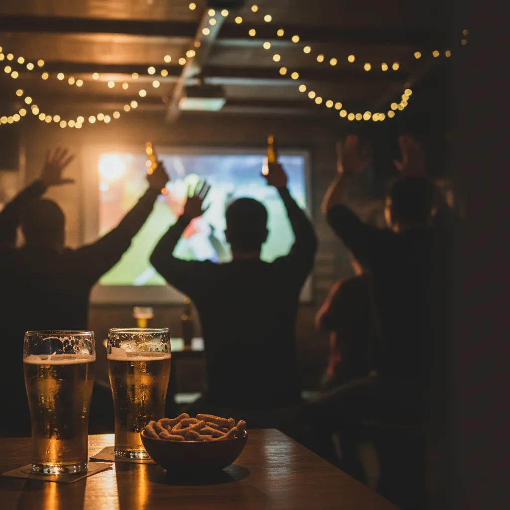 Un ecran mare de televizor într-un bar sportiv, arătând un meci de fotbal între Juventus și Rennes.