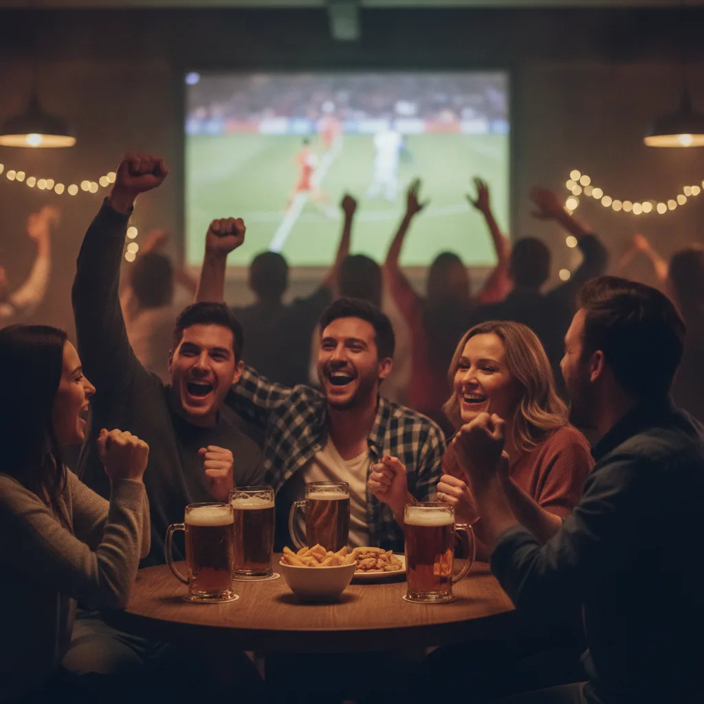 Un grup de prieteni veseli urmăresc un meci de fotbal pe un ecran mare, într-un bar primitor, cu halbe de bere pe masă.