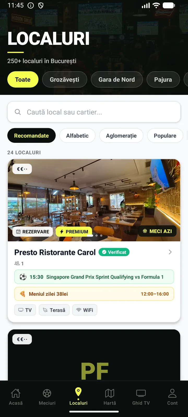Tab-ul Localuri din aplicație: cartiere, căutare, sortare și carduri