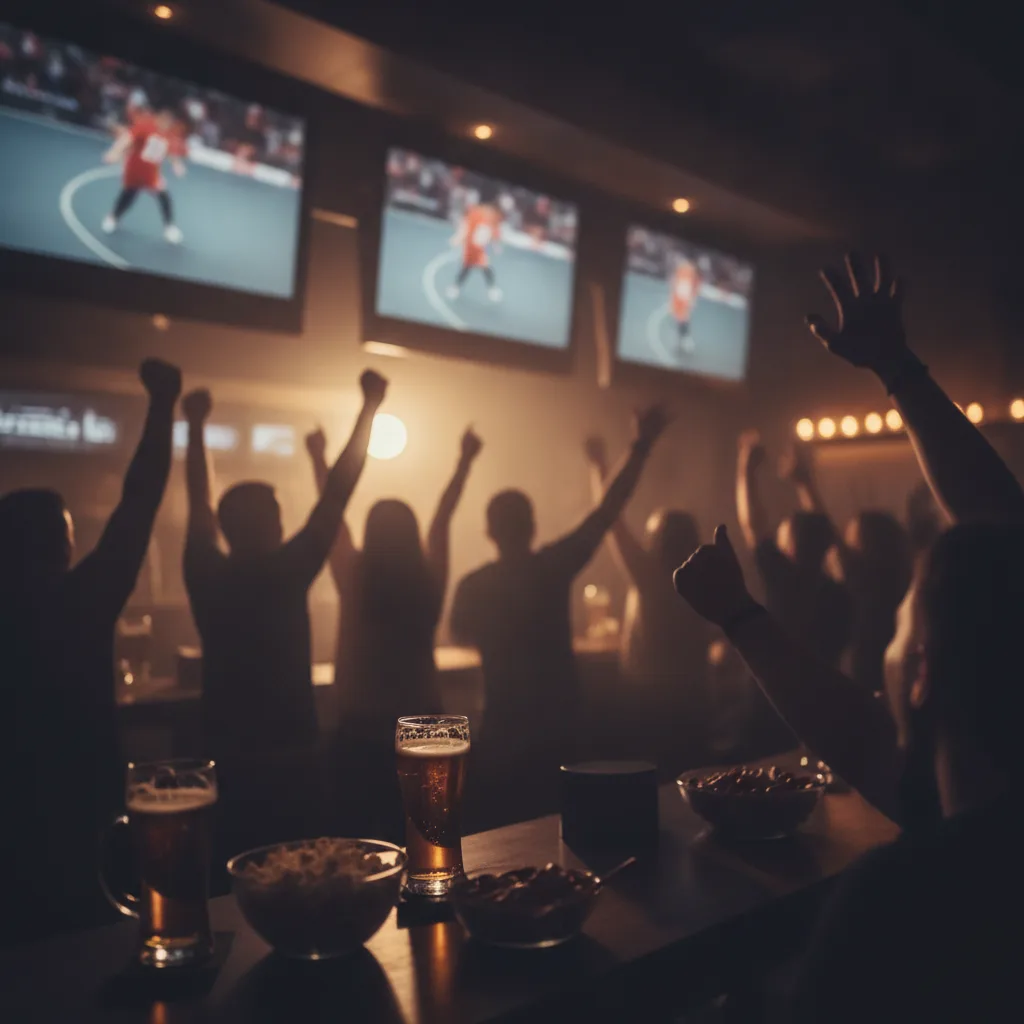 Suporteri entuziaști urmăresc un meci de handbal într-un bar sportiv, cu ecrane mari.