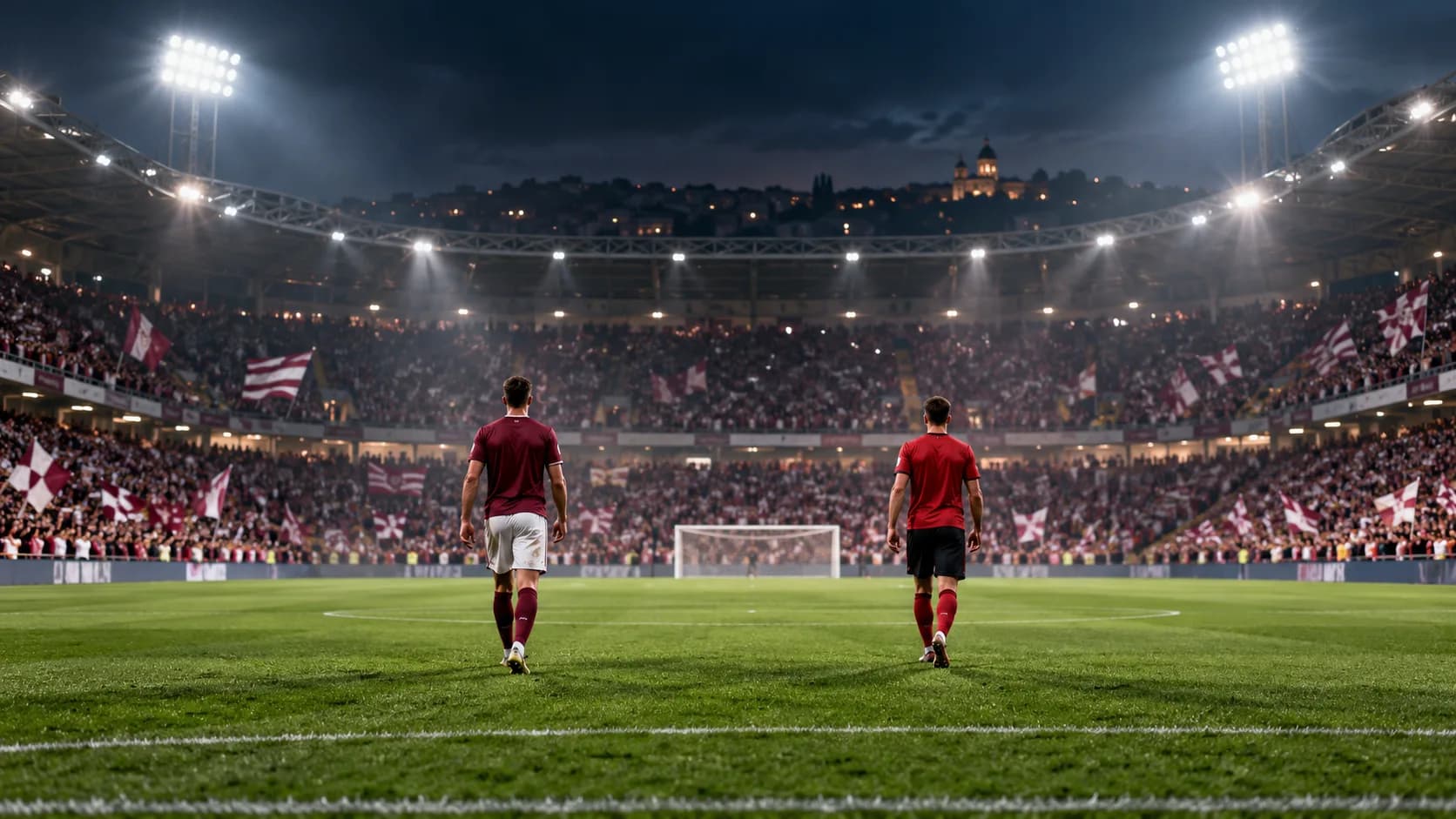 Fani de fotbal urmăresc un meci într-un bar sportiv, cu ecrane mari și atmosferă animată.