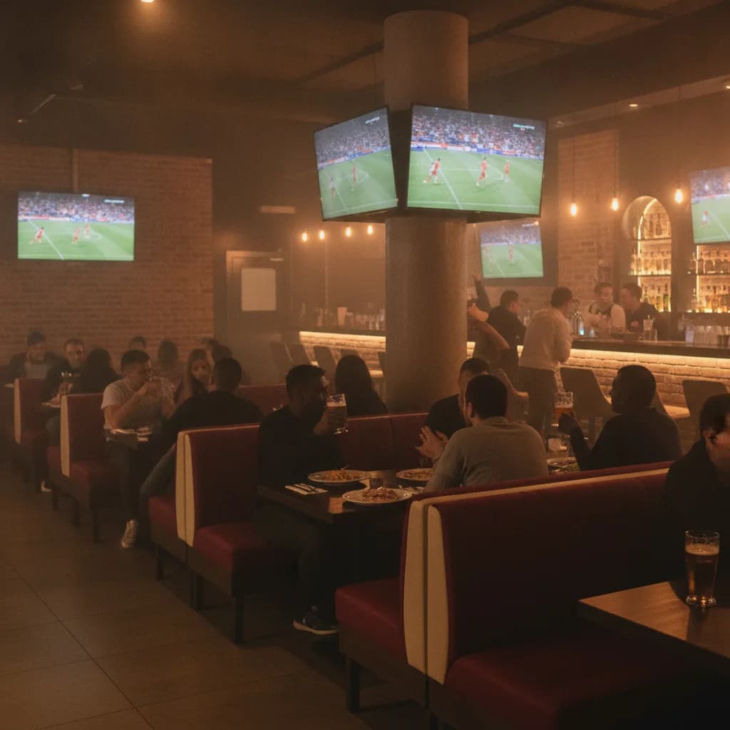 Interiorul modern al restaurantului Presto Ristorante Carol, cu ecrane TV pregătite pentru transmisia unui meci de fotbal.